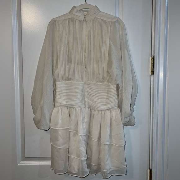 Express Mock Neck Long Sleeve Pleated Waist Tiered Ruffle Mini Dress - Picture 3 of 10